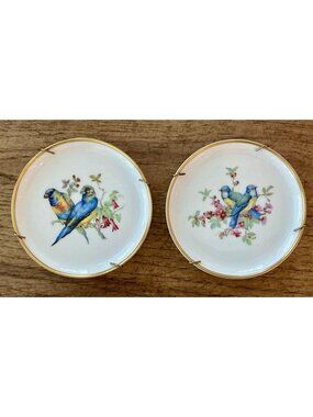 AK Kaiser W Germany Vogel Bird Porcelain Mini Plates Pair Gold Rim 4"